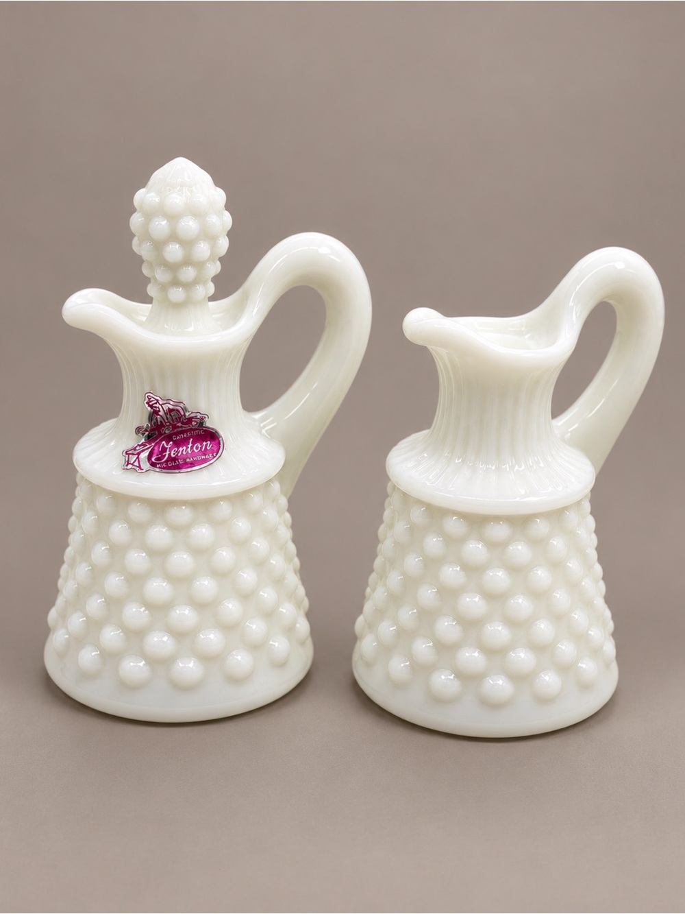 Fenton Hobnail Milk Glass Oil & Vinegar Cruet Set Vintage White